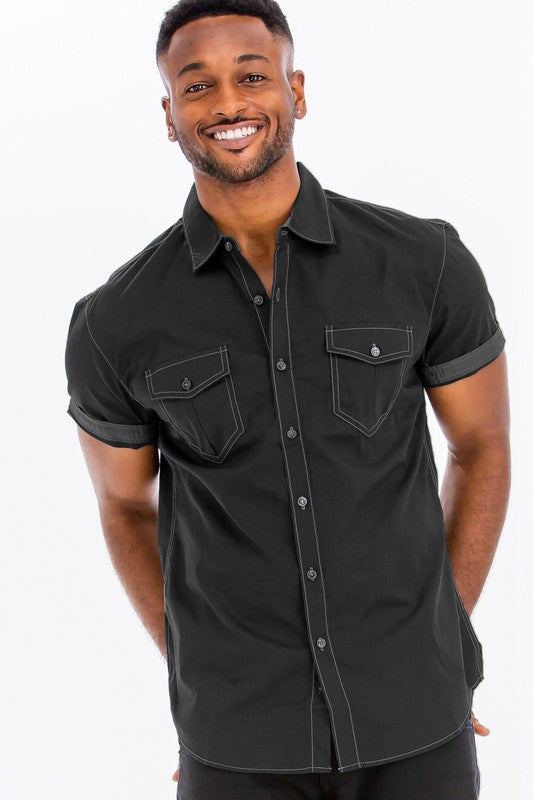 Men Outline Stitch Short Sleeve Shirt