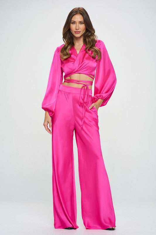 Silky Satin Wrap Crop Top with Tie