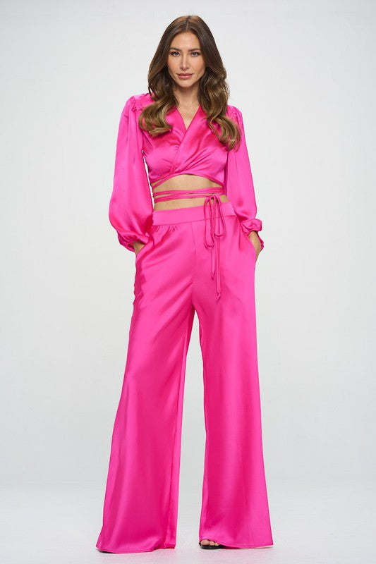 Silky Satin Wrap Crop Top with Tie