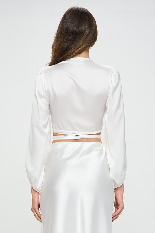 Silky Satin Wrap Crop Top with Tie