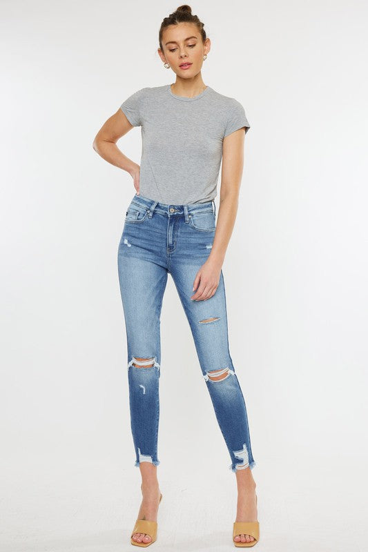 High Rise Fray Hem Ankle Skinny Jeans - KC9130M