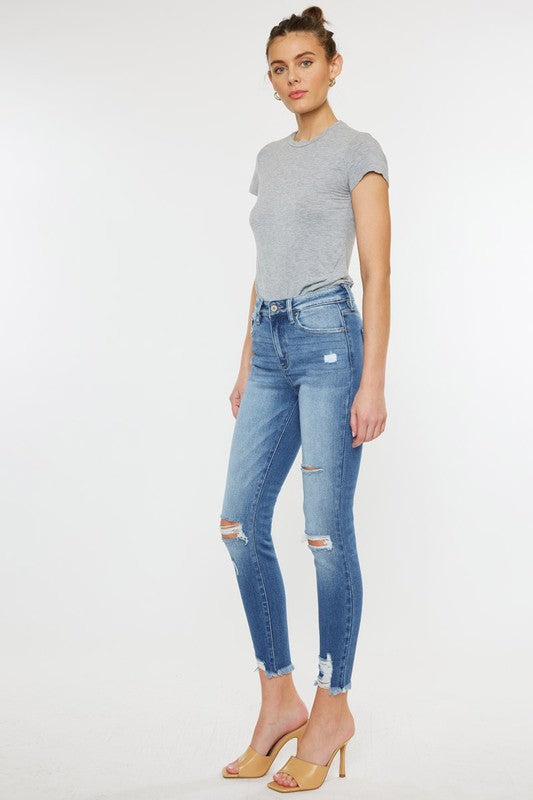 High Rise Fray Hem Ankle Skinny Jeans - KC9130M