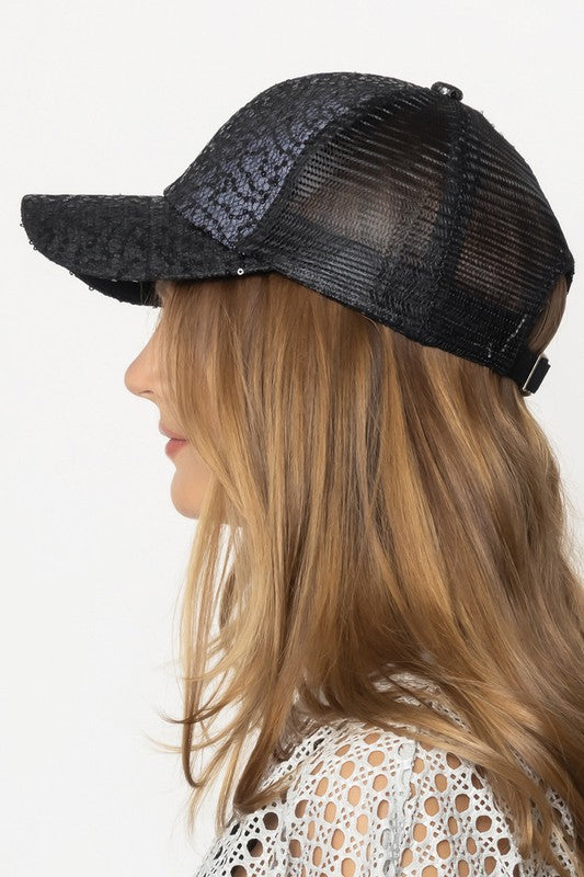 Sequin Leopard Baseball Cap with Meshed Back