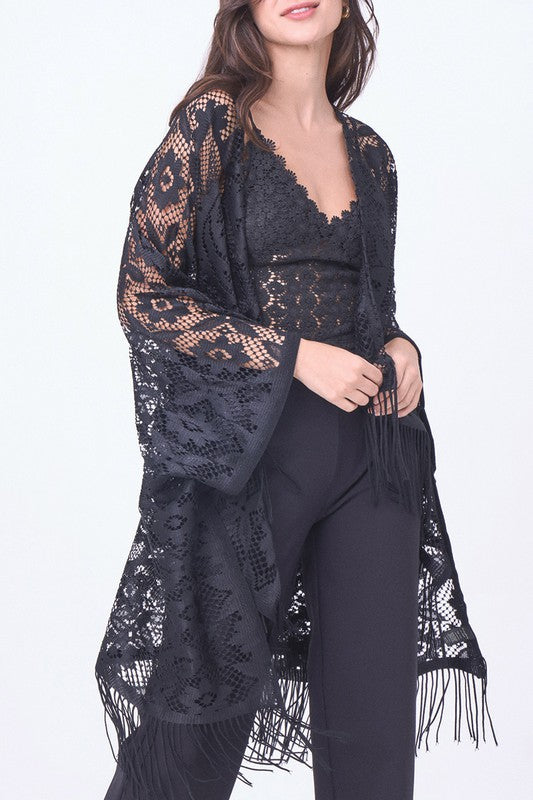 Floral Lace Kimono with Fringe