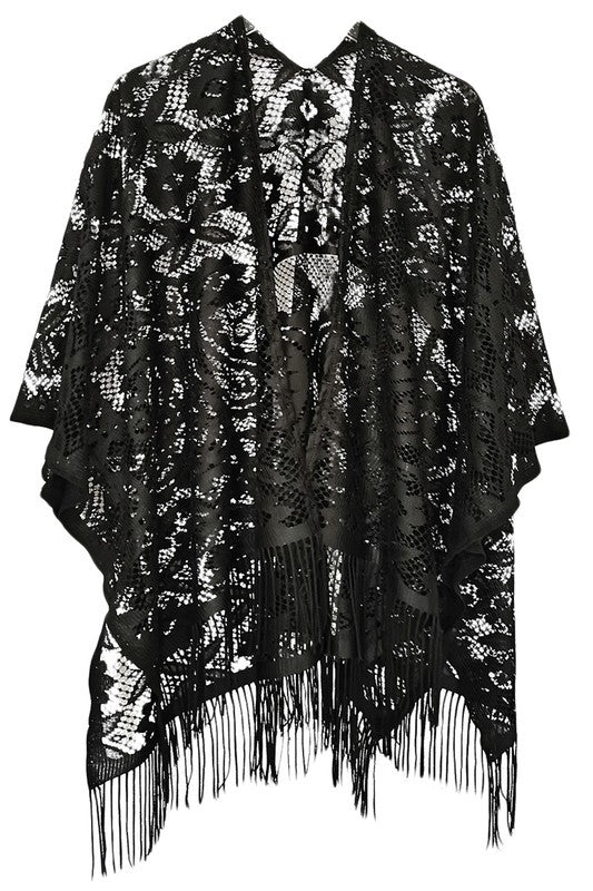 Floral Lace Kimono with Fringe