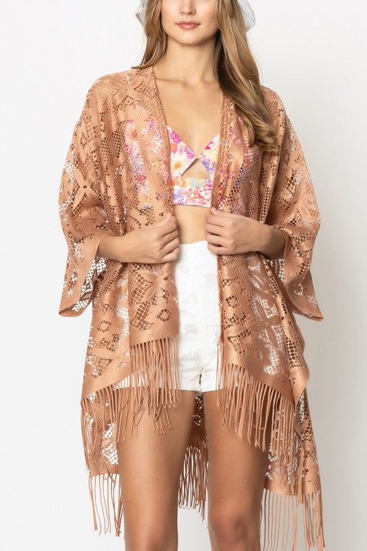 Floral Lace Kimono with Fringe