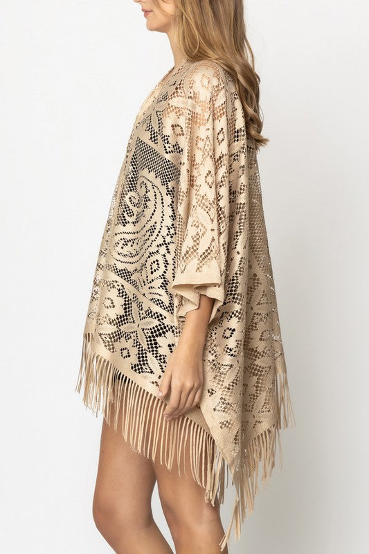 Floral Lace Kimono with Fringe