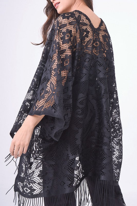 Floral Lace Kimono with Fringe