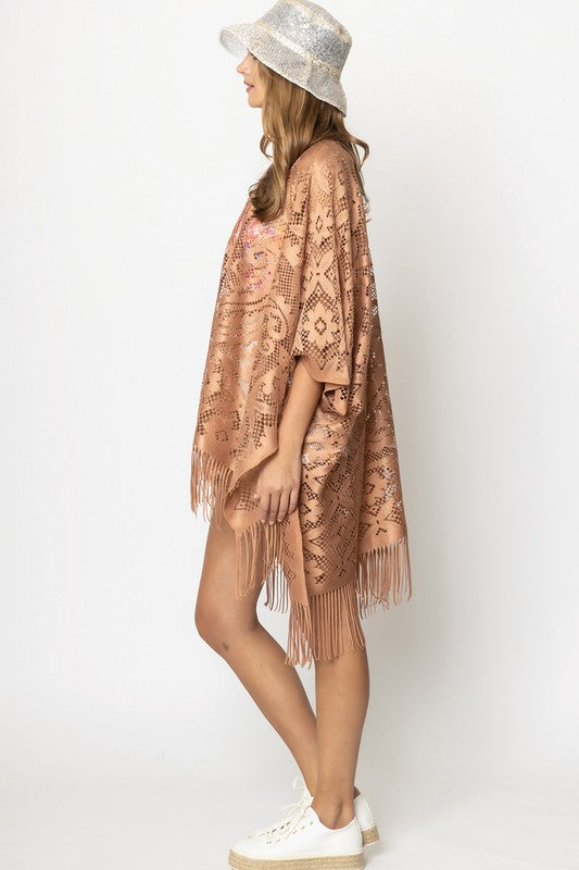 Floral Lace Kimono with Fringe