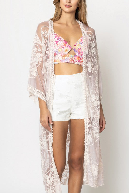 Floral Laced Kimono with Front Tie