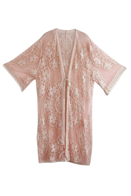 Floral Laced Kimono with Front Tie