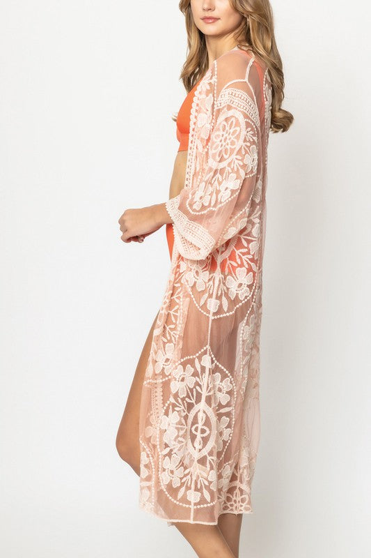 Floral Laced Kimono with Front Tie