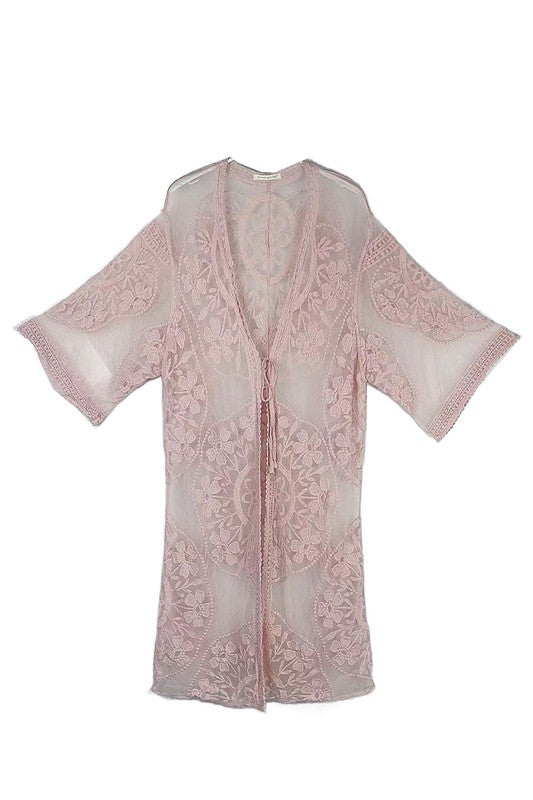 Oriental Floral Lace Kimono with Front Tie