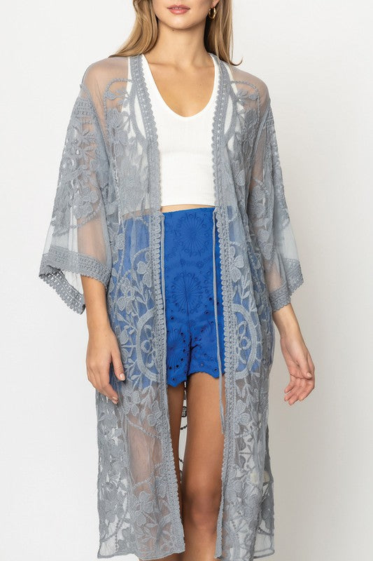 Oriental Floral Lace Kimono with Front Tie