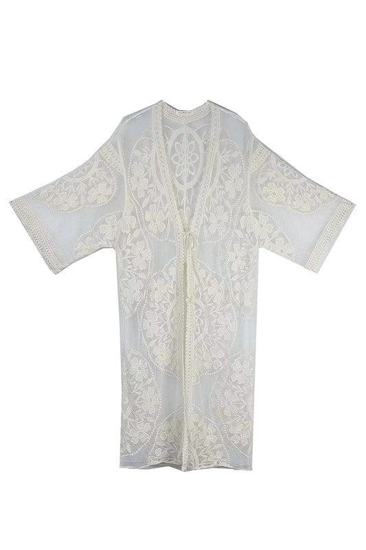 Oriental Floral Lace Kimono with Front Tie