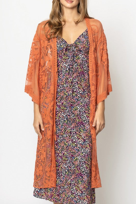 Oriental Floral Lace Kimono with Front Tie