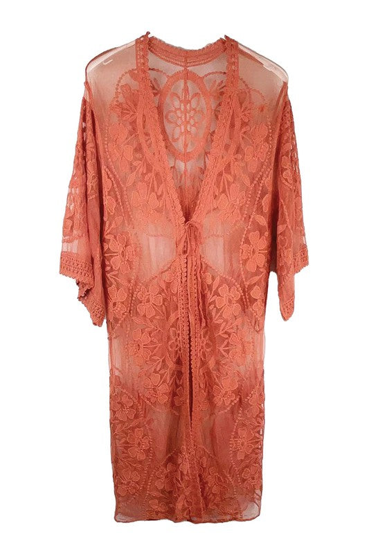 Oriental Floral Lace Kimono with Front Tie