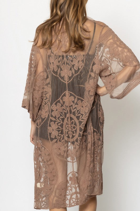 Oriental Floral Lace Kimono with Front Tie