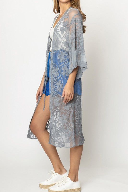 Oriental Floral Lace Kimono with Front Tie