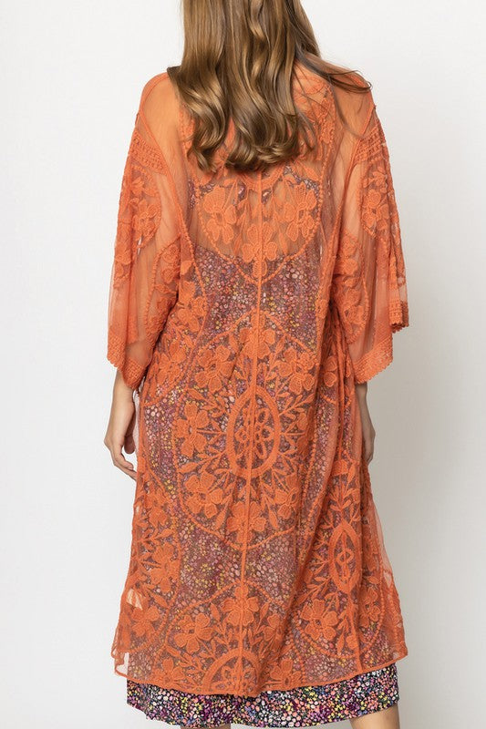 Oriental Floral Lace Kimono with Front Tie