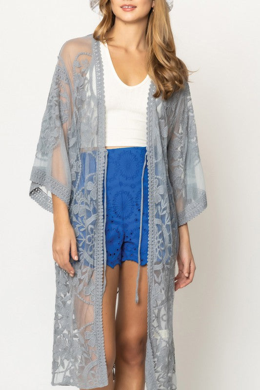 Oriental Floral Lace Kimono with Front Tie