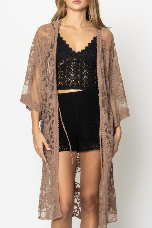 Oriental Floral Lace Kimono with Front Tie