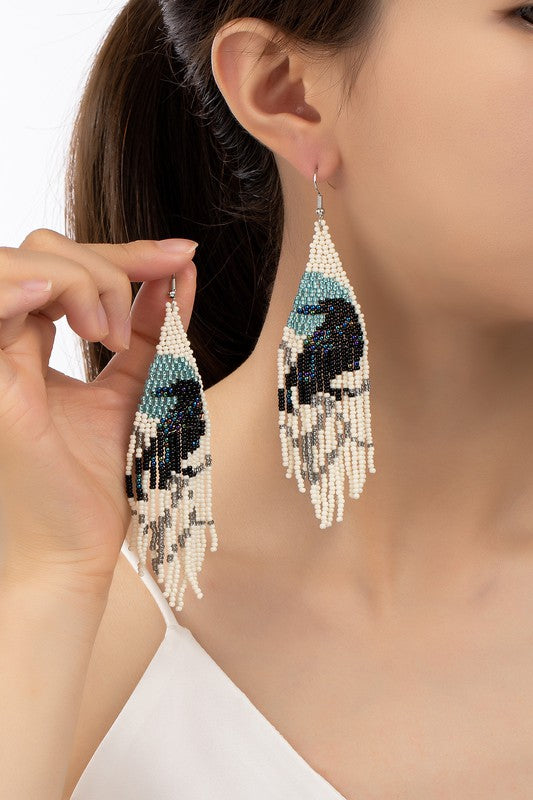 Boho long Handwoven seed bead raven earrings