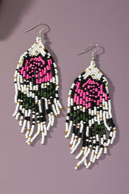 Boho long Handwoven seed bead flower earrings