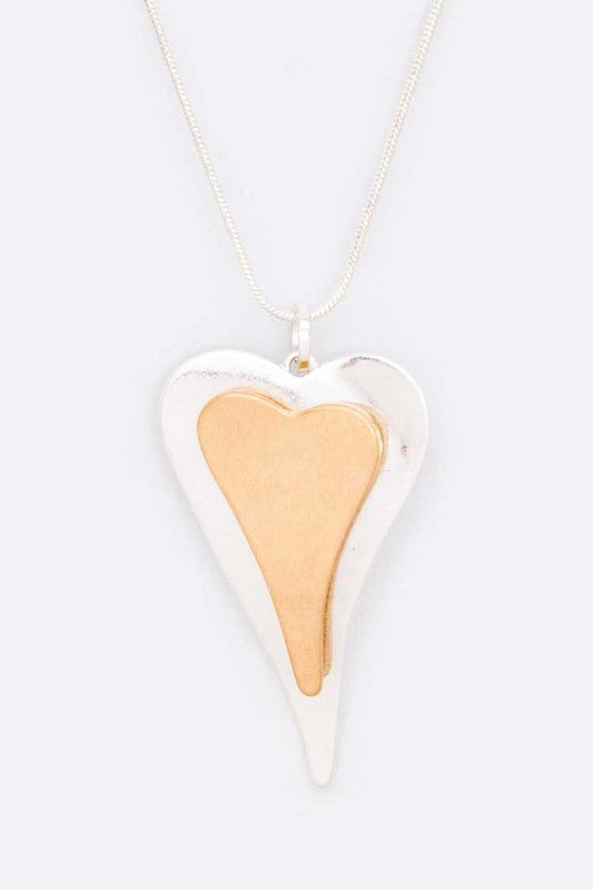 2 Tone Heart Pendant Long Necklace