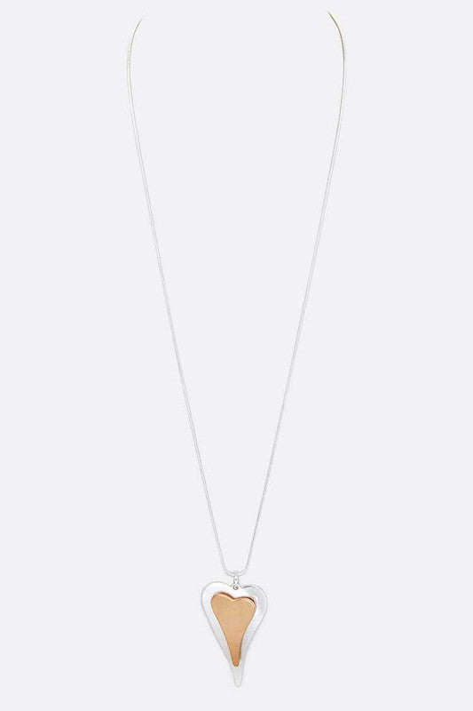 2 Tone Heart Pendant Long Necklace