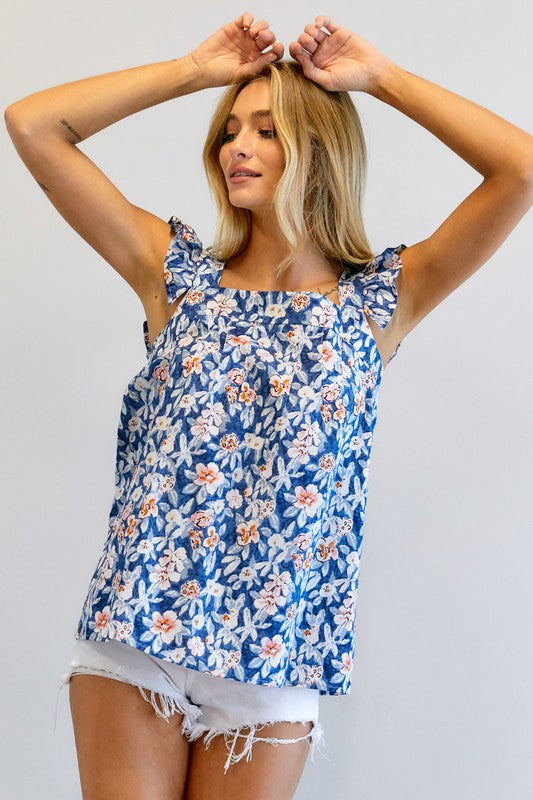 FLORAL PRINTED RUFFLE SLEEVELESS TOP