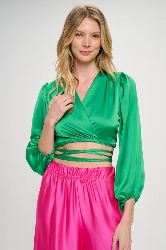 Silky Satin Wrap Crop Top with Tie