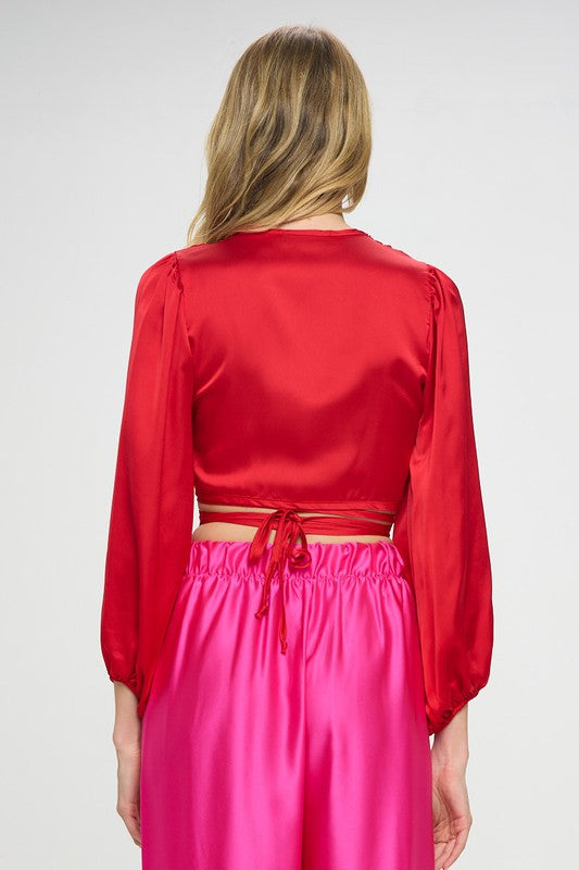 Silky Satin Wrap Crop Top with Tie