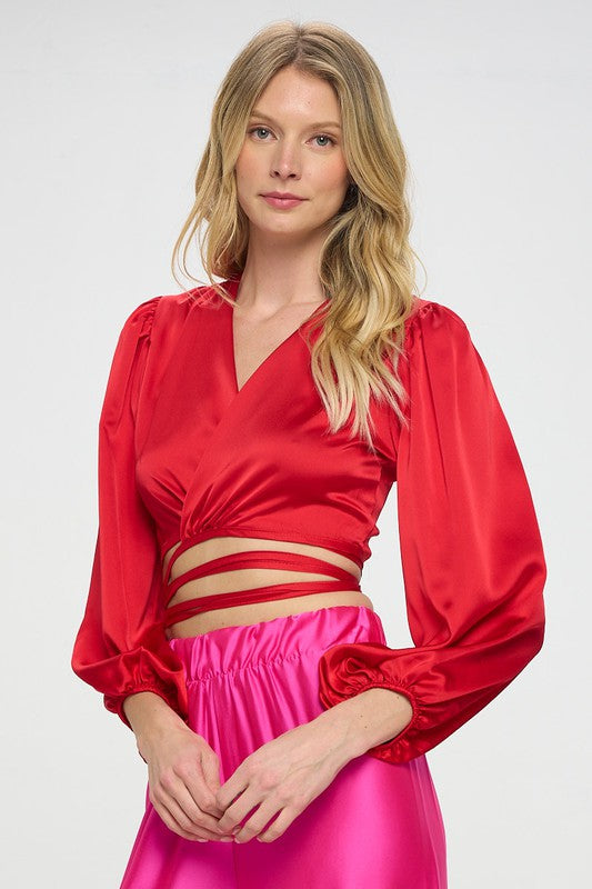 Silky Satin Wrap Crop Top with Tie