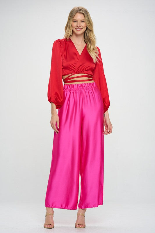 Silky Satin Wrap Crop Top with Tie