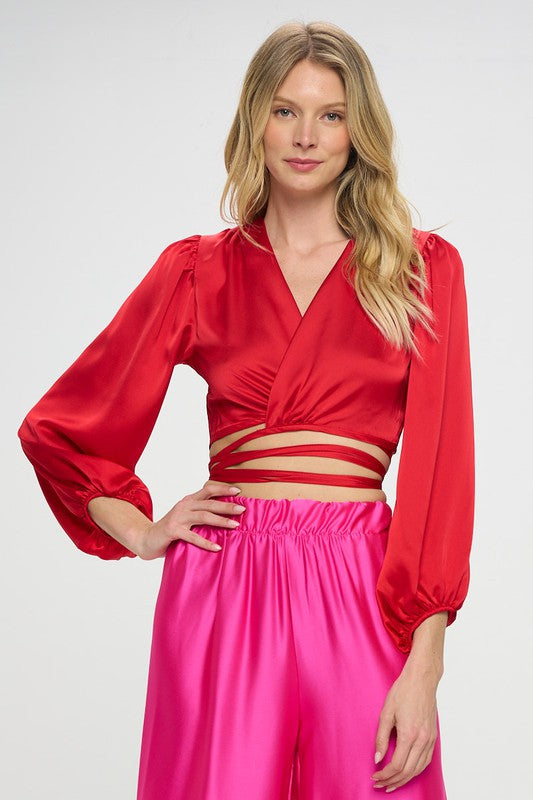 Silky Satin Wrap Crop Top with Tie