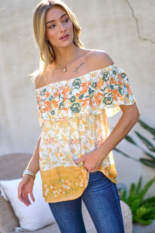 PRINTED OFF SHOULDER SMOCKED TOP