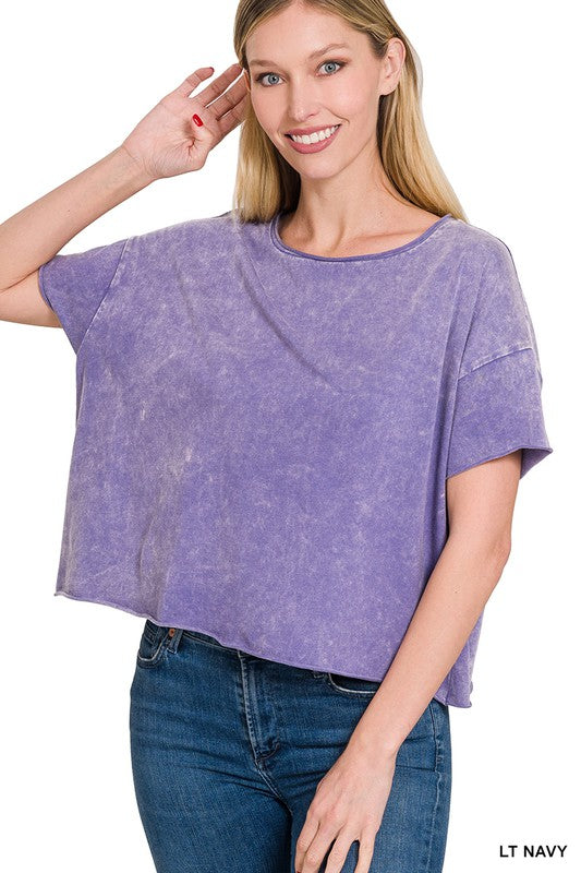 Acid Wash Raw Edge Short Sleeve Crop Top