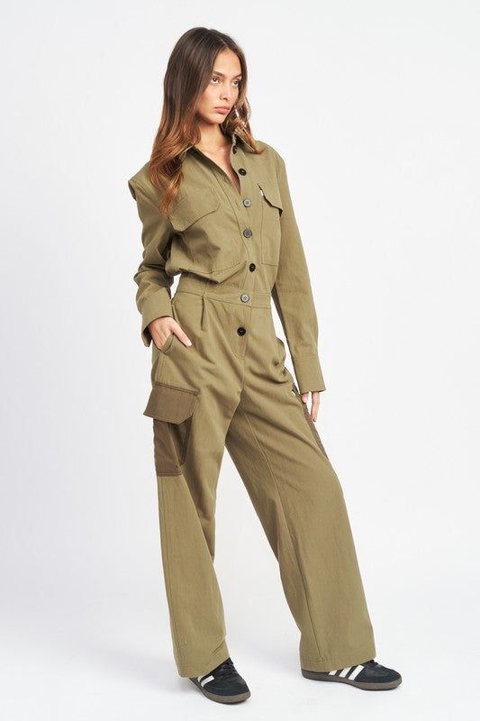 Button Down Cargo Jumpsuit