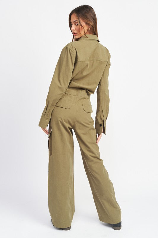 Button Down Cargo Jumpsuit