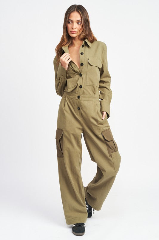 Button Down Cargo Jumpsuit