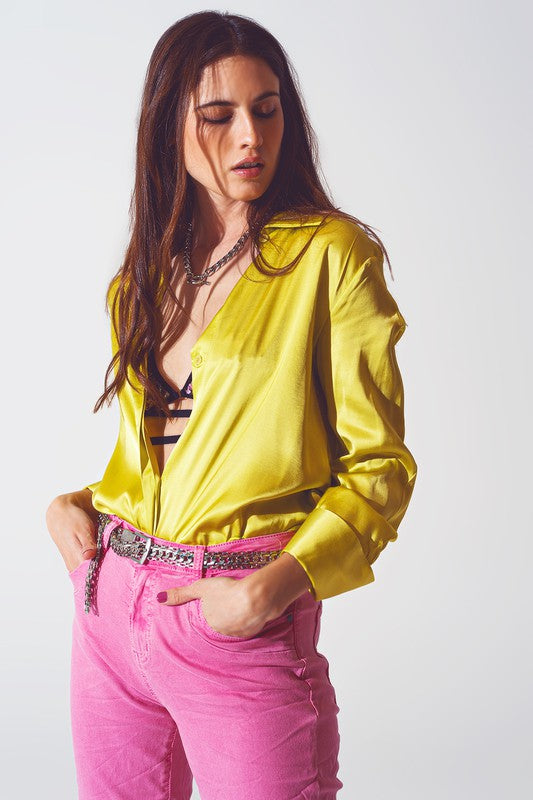 Satin shirt with split cuff in lime green