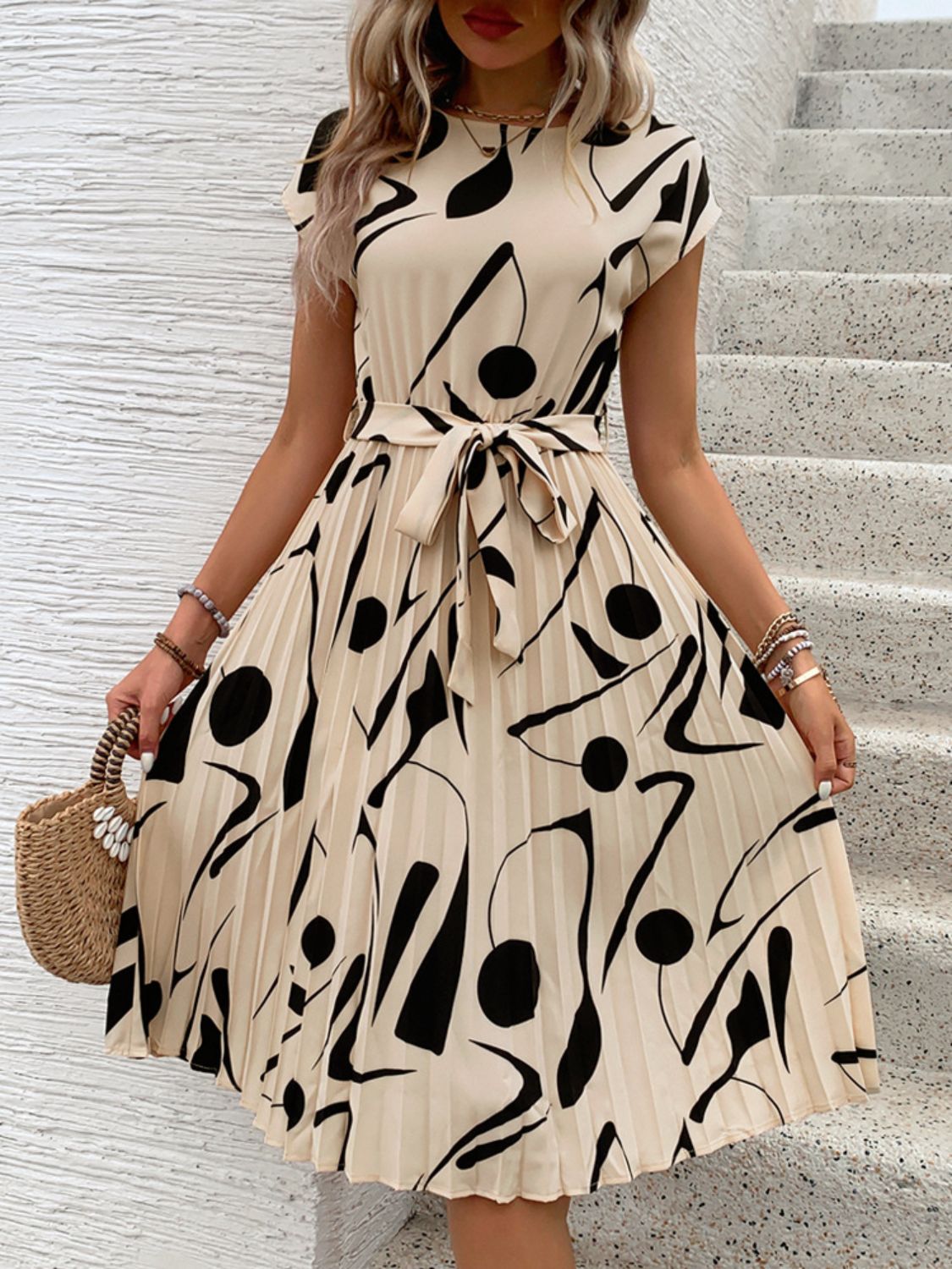 Perfee Tied Pleated Printed Cap Sleeve Dress