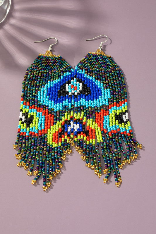 6 inch Boho hand woven evil eye seed bead earrings