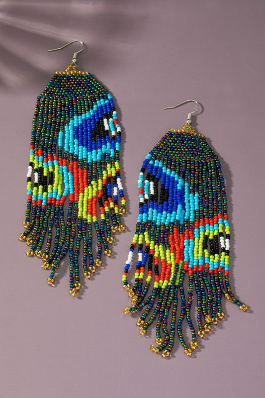 6 inch Boho hand woven evil eye seed bead earrings