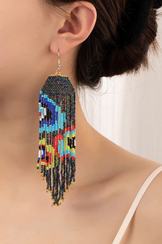 6 inch Boho hand woven evil eye seed bead earrings