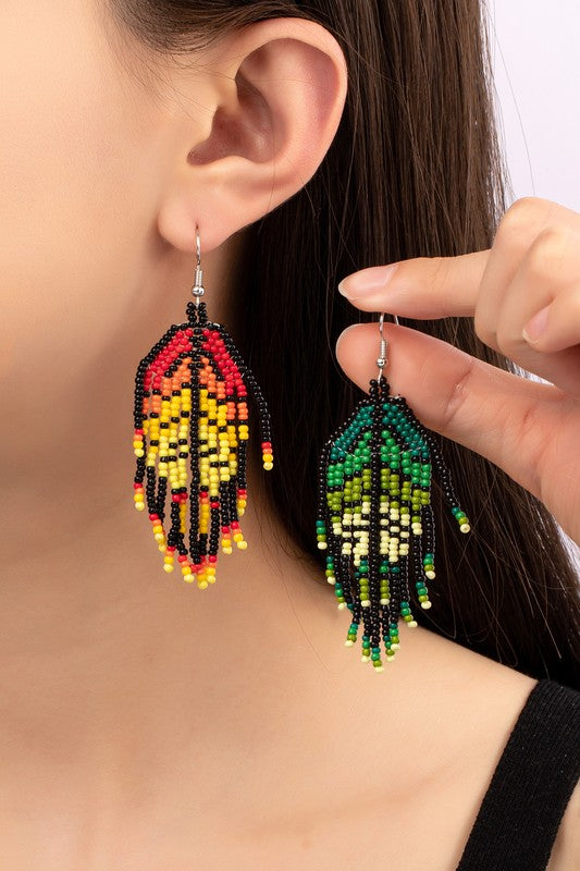 Boho seed bead feather drop earrings