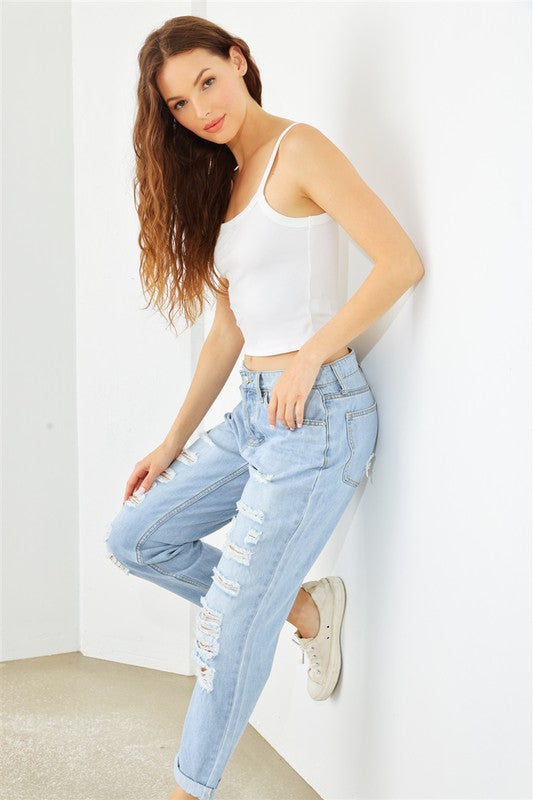 Light Blue Denim Cotton Ripped High Waist Jeans