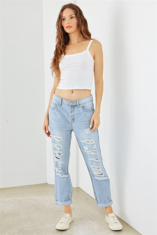 Light Blue Denim Cotton Ripped High Waist Jeans