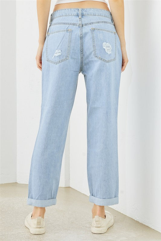 Light Blue Denim Cotton Ripped High Waist Jeans